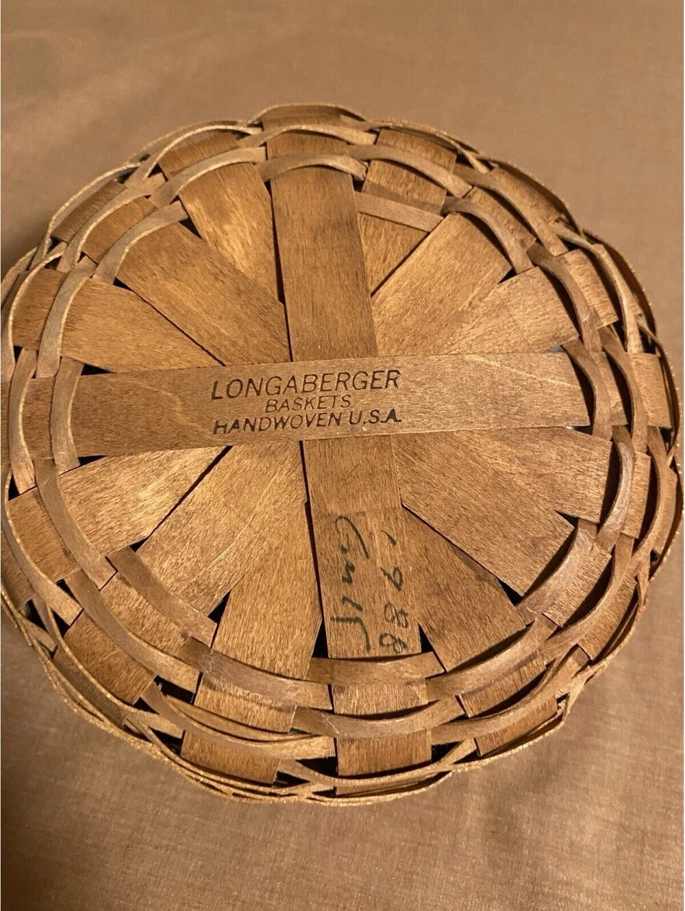 Vintage Longaberger 1988 Round Basket Floral Liner Roses W/Leather Handles